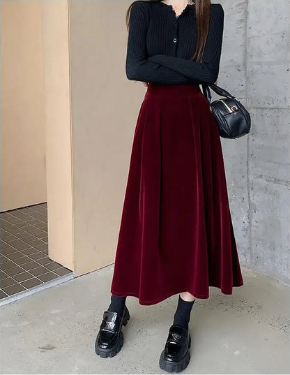 Elegant Velvet High Waist Casual Big Swing Skirts