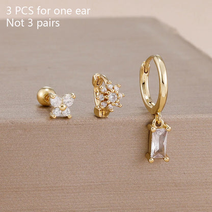 14K Gold Plated Zircon Square Hoop Stainless Steel Butterfly Stud Earring Set