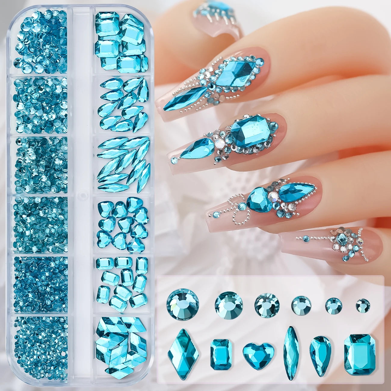 12Gird 3D Glass AB Crystal Nail Art Rhinestones Kit