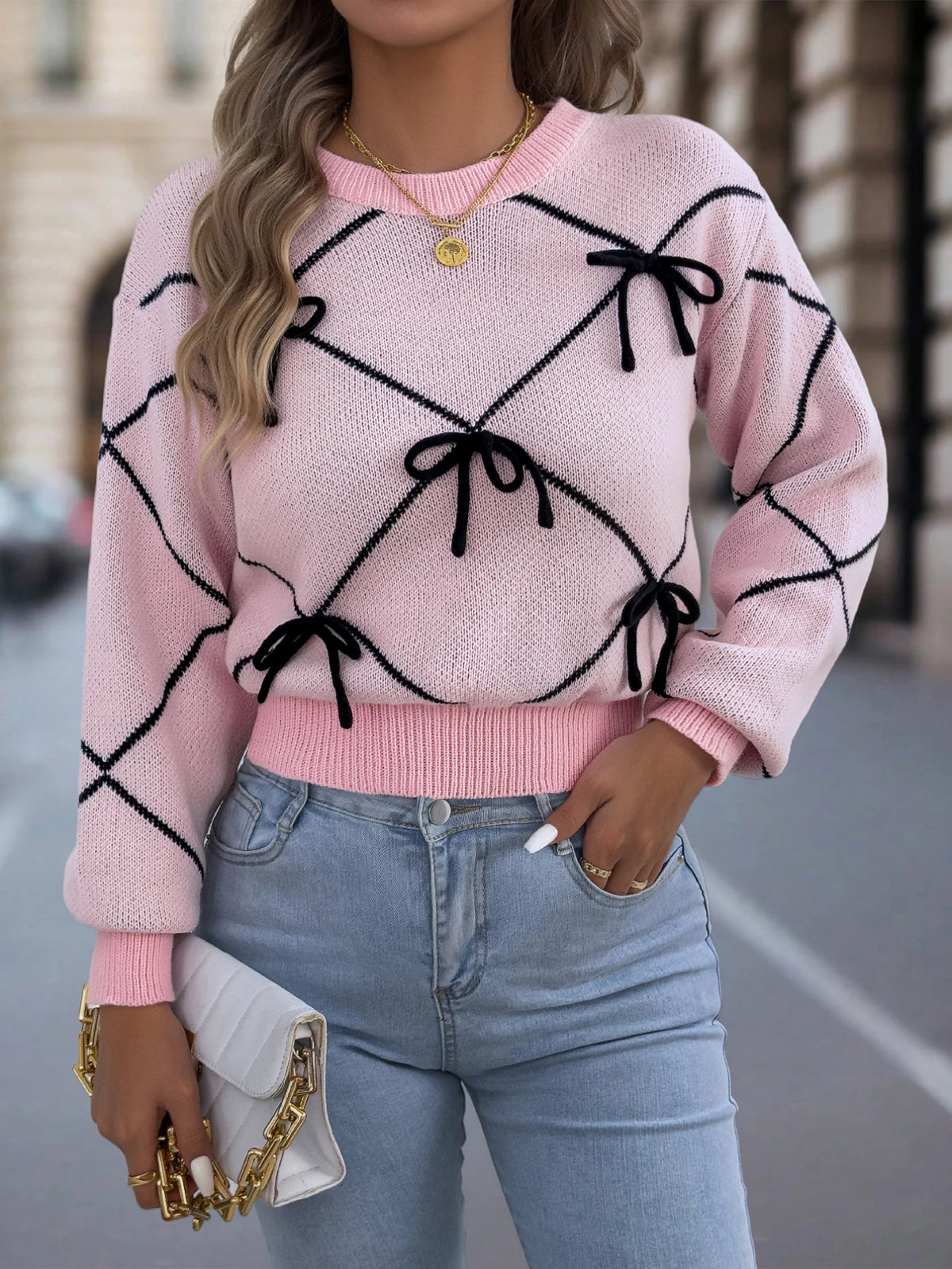 Contrasting Bow Knitted Casual Round Neck Lantern Long Sleeve Sweaters