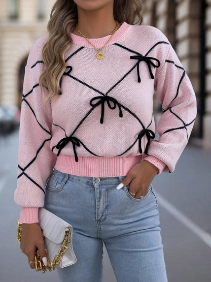 Contrasting Bow Knitted Casual Round Neck Lantern Long Sleeve Sweaters