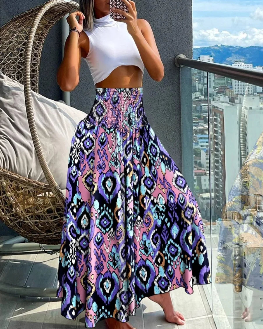 High Waist Long Bohemian Geometric Maxi Skirt S