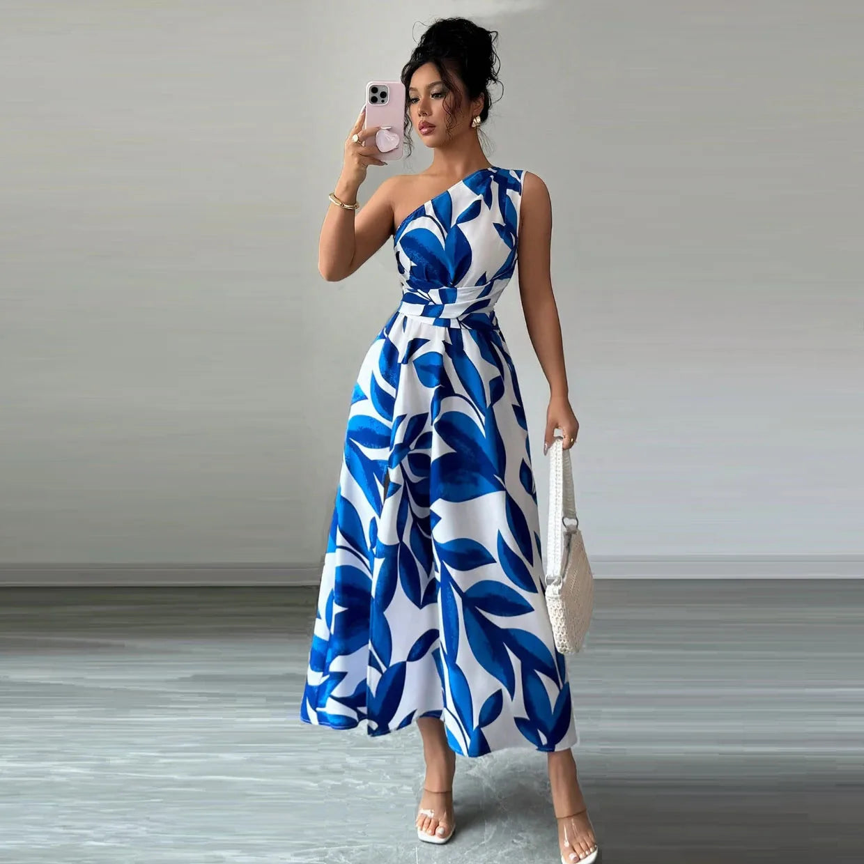 Cross-Border Floral Print Asymmetrical Shoulder Split Long Dress