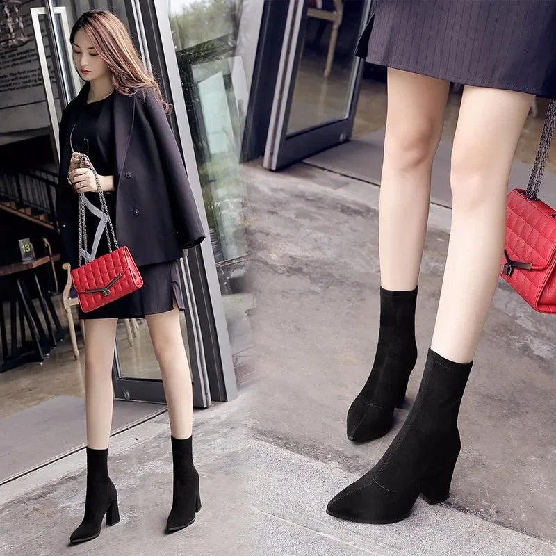 Ankle Chunky High Heel Sock Chelsea Sexy Warm Boots