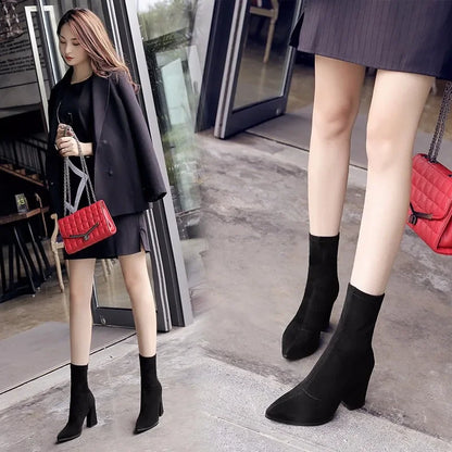 Ankle Chunky High Heel Sock Chelsea Sexy Warm Boots