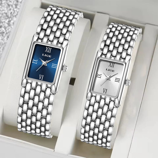 Quartz Silver Simple Square Luxury Stainless Steel Folding Wristwatch