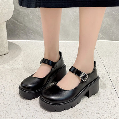 Black Ankle Buckle Platform Pumps Japanese Style Leather Shoes