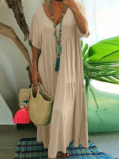 Plus Size Casual Loose V-Neck Solid Long Dress S