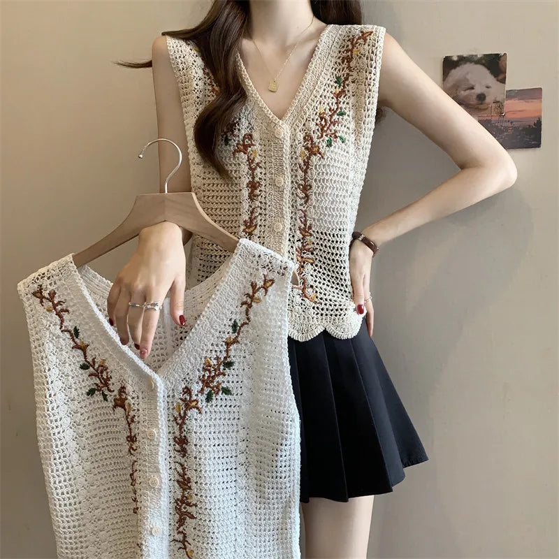 Floral Vest Button Front Waistcoat Openwork Knit Sleeveless Jacket