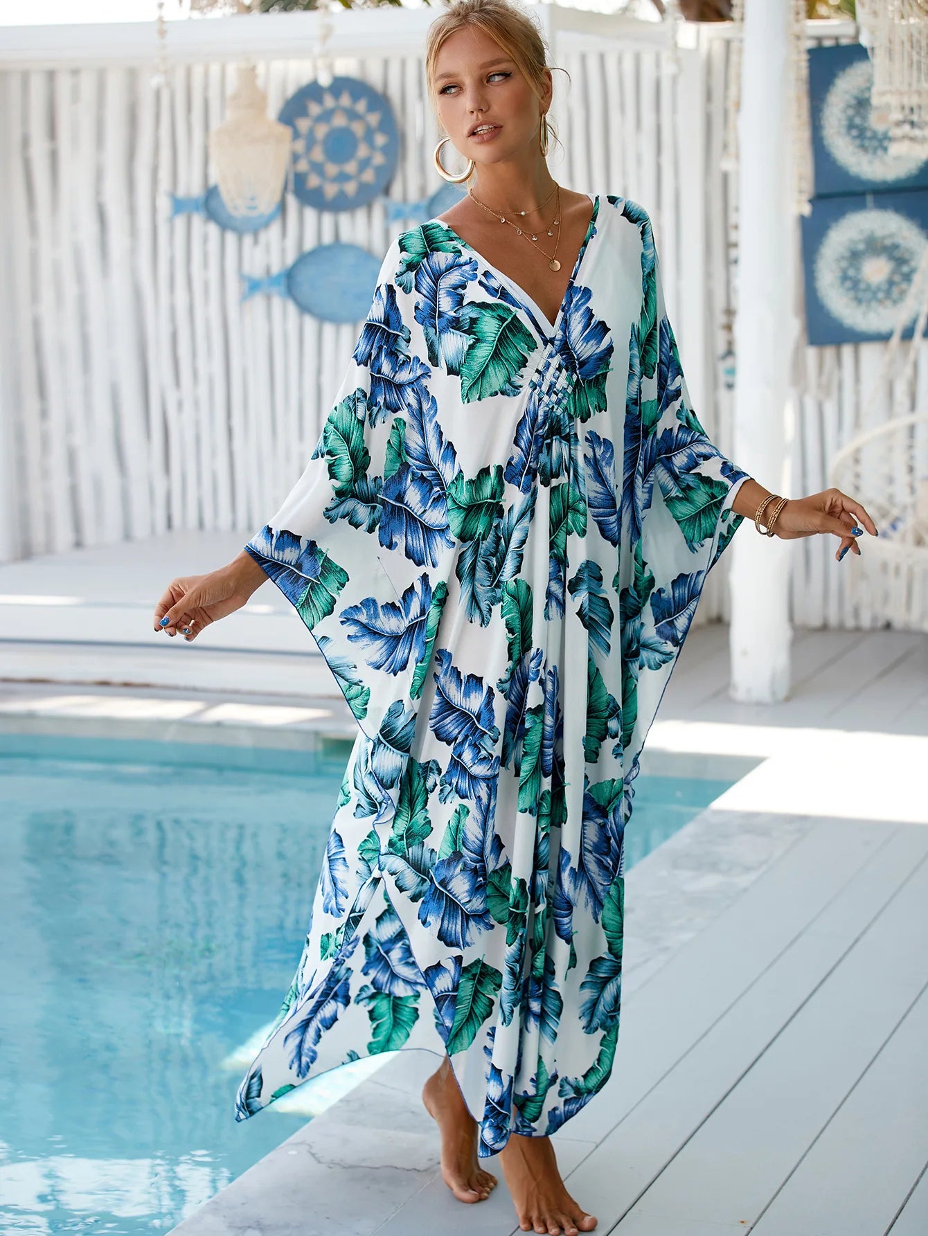 Plus Size Animal Print V-Neck Batwing Kaftan Beach Dress
