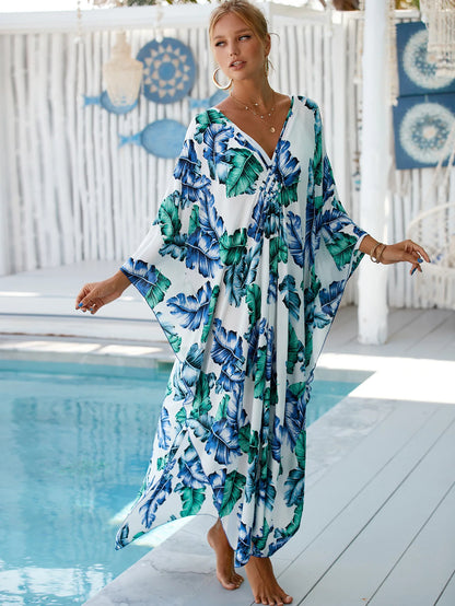 Plus Size Animal Print V-Neck Batwing Kaftan Beach Dress