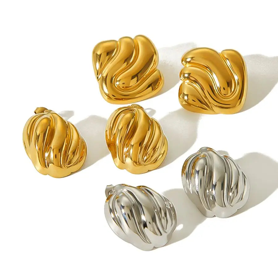 18k Gold Plated Wave Texture Stud Non Tarnish Waterproof Chunky Geometric Square Earrings
