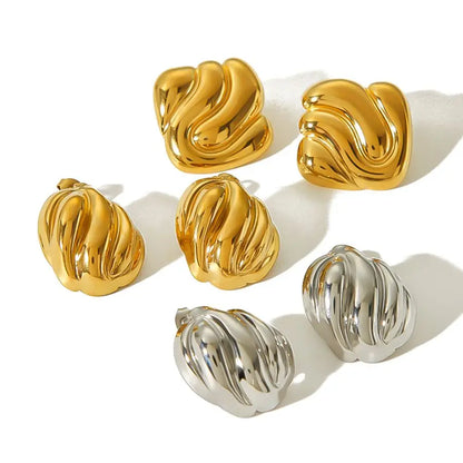 18k Gold Plated Wave Texture Stud Non Tarnish Waterproof Chunky Geometric Square Earrings