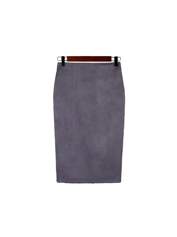 Suede Pencil High Waist Bodycon Vintage Suede Split Thick Stretchy Skirts