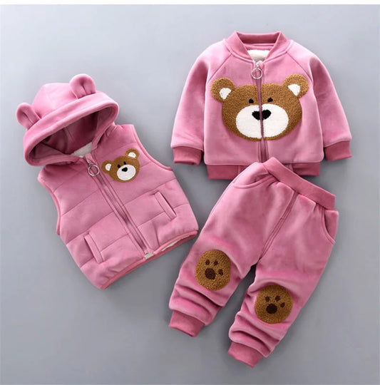 Winter Autumn Cotton Thick Warm Hooded Cartoon Cute Bear 0-4Y Set