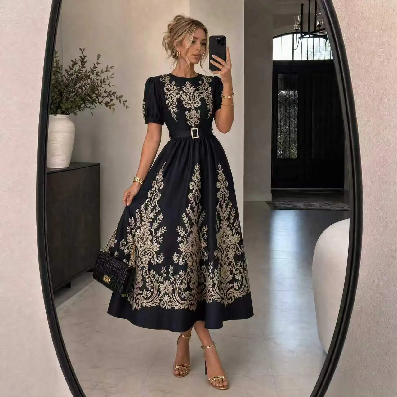 Vintage Gold Floral Print Maxi Short Puff Sleeve Long Dress
