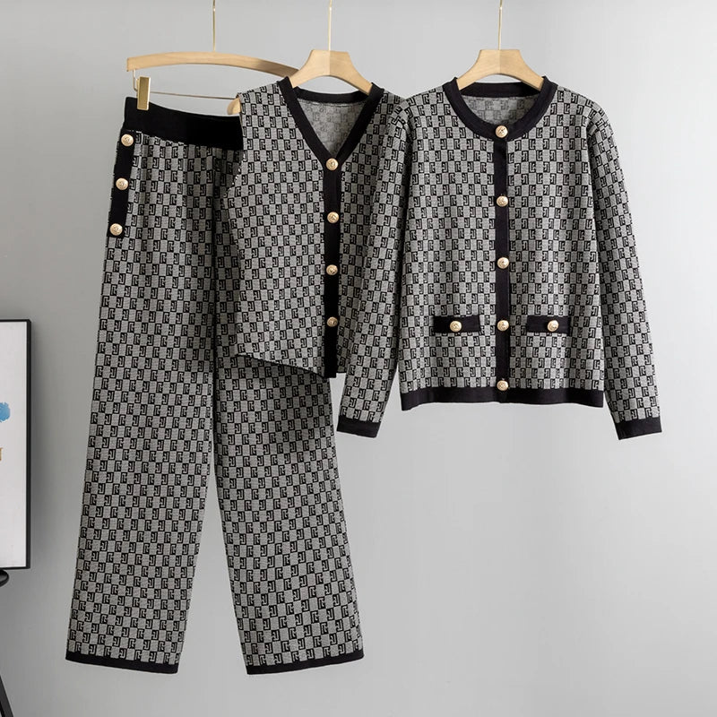 Elegant Long Sleeve Sweater Coat Single Breasted Knit Vest 3 Piece Sets