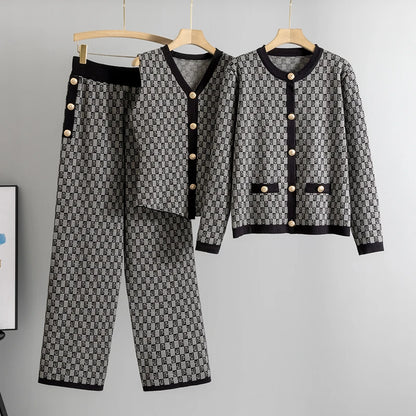 Elegant Long Sleeve Sweater Coat Single Breasted Knit Vest 3 Piece Sets