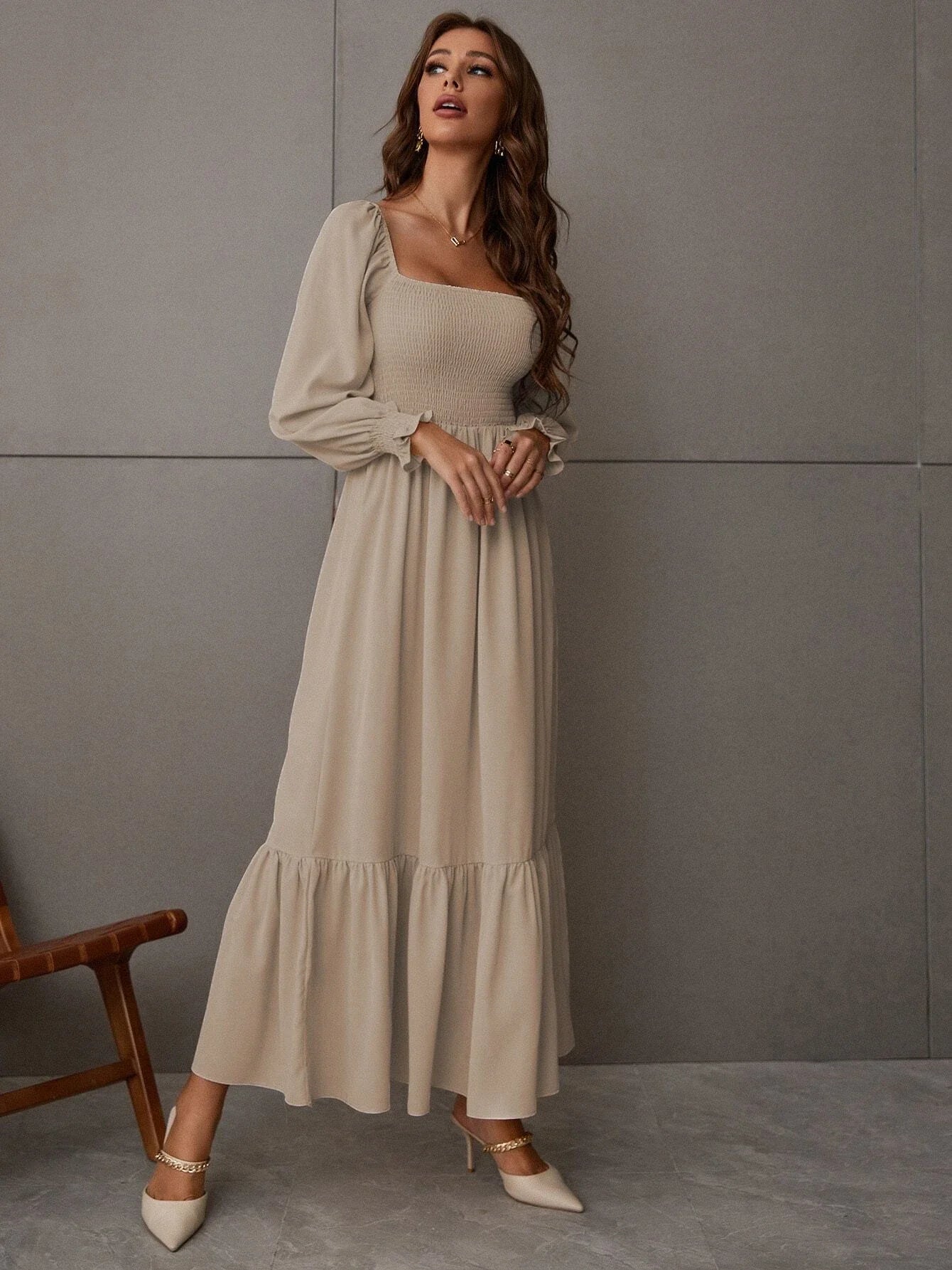 Ruched Ruffle Hem Elegant Shirred Backless Long Dress