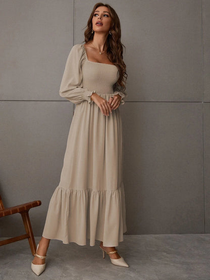 Ruched Ruffle Hem Elegant Shirred Backless Long Dress