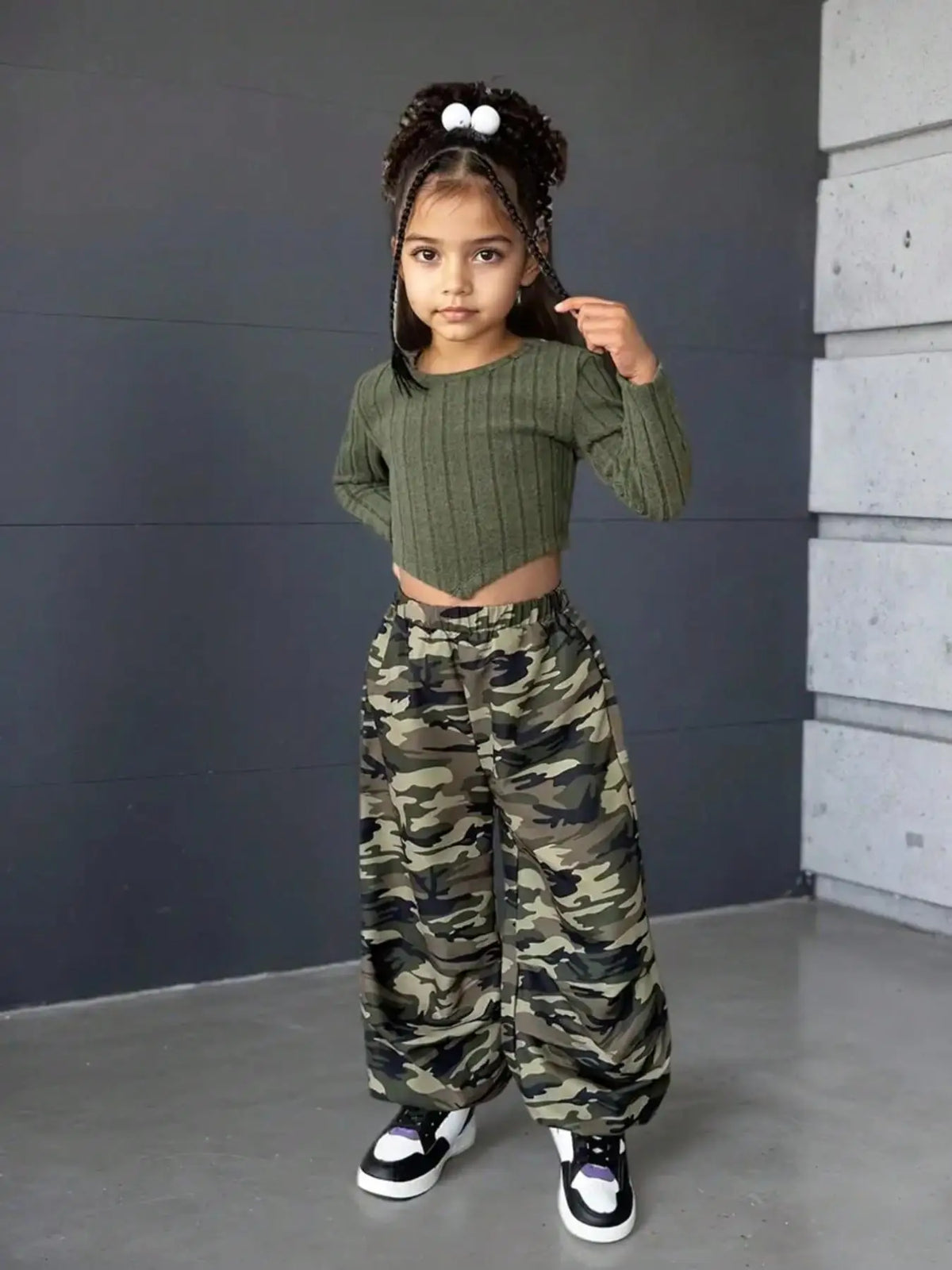 Sporty Casual Long Sleeve Top And Camo Print Pants Set