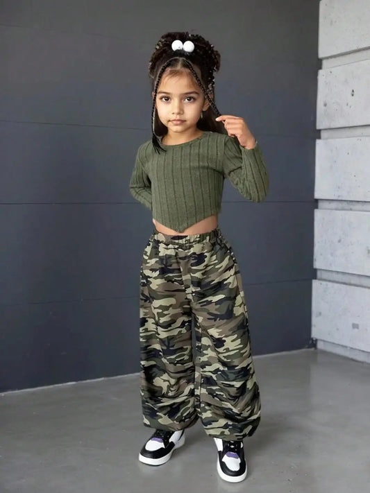 Sporty Casual Long Sleeve Top And Camo Print Pants Set