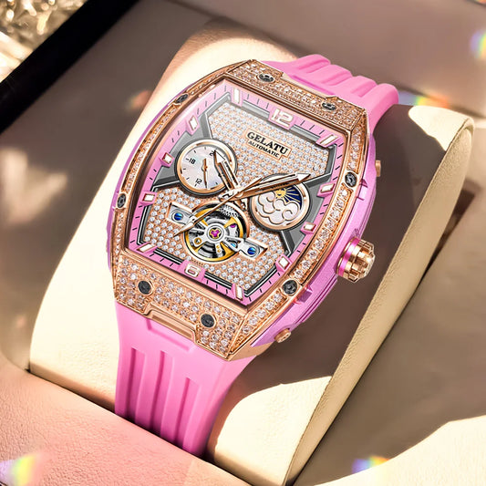 Fully Diamond Luxury Hollowed Moon Phase Waterproof Automatic Mechanical Watches