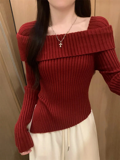 Off Shoulder Sweater Long Sleeve Ribbed Knit Sweater Fitted Pullovers