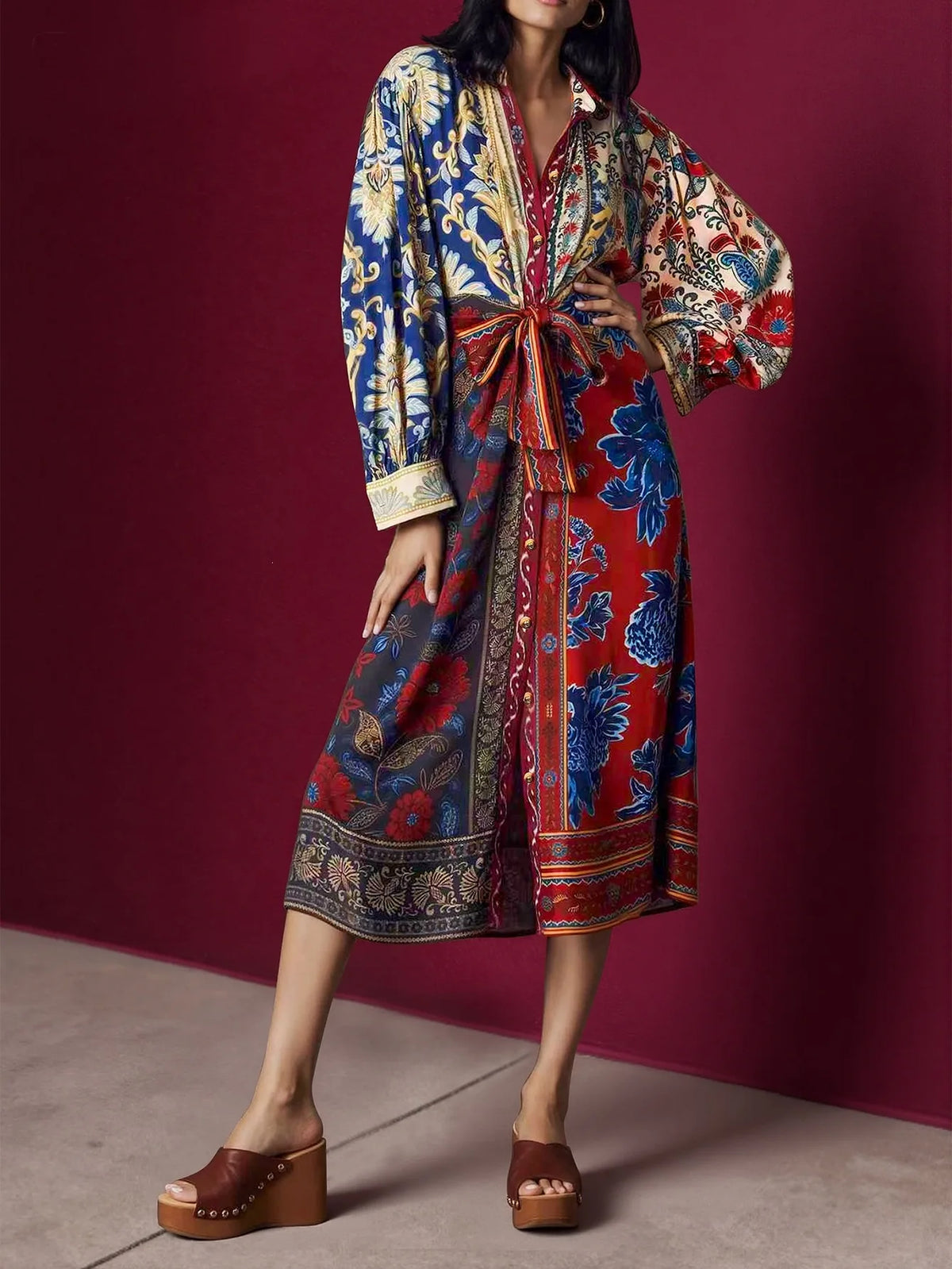 Floral Print Collar V‑Neck Long Sleeve Midi Dress
