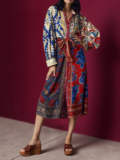 Floral Print Collar V‑Neck Long Sleeve Midi Dress