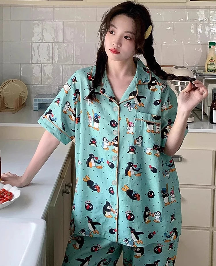Kawaii Cute Cartoon Little Penguin Print Milk Silk Homewear Sleepwear Pajamas