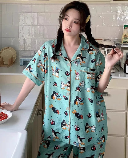 Kawaii Cute Cartoon Little Penguin Print Milk Silk Homewear Sleepwear Pajamas