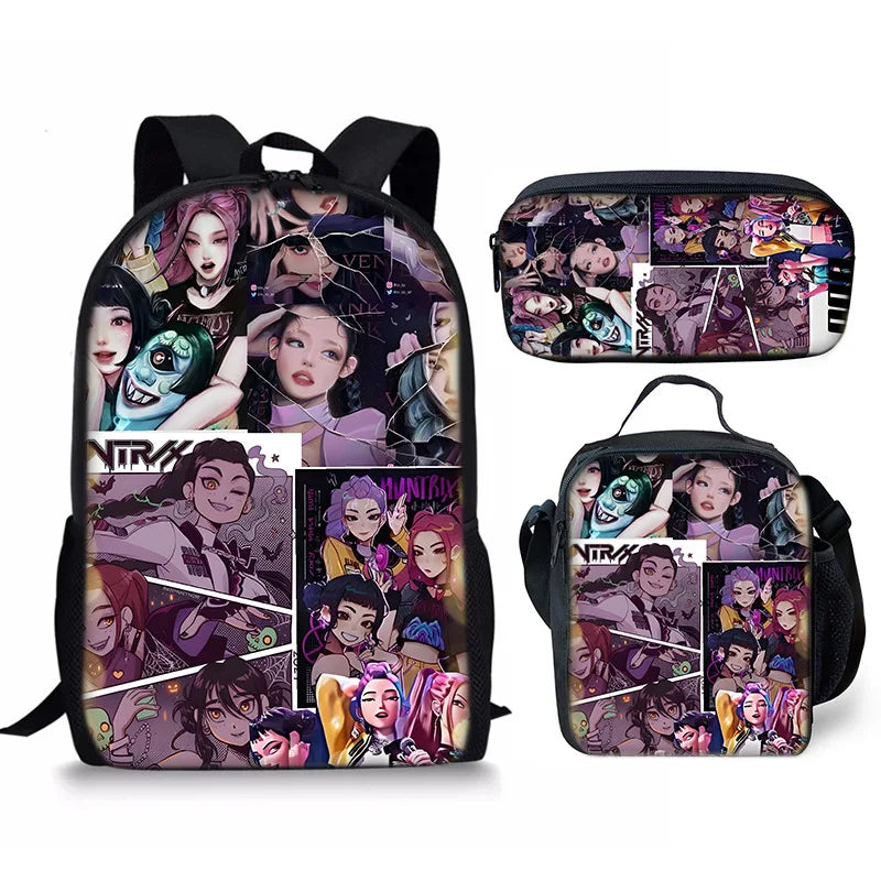 KPop Demon Hunters School Bags Backpack With Lunch Bag & Pencil Bag