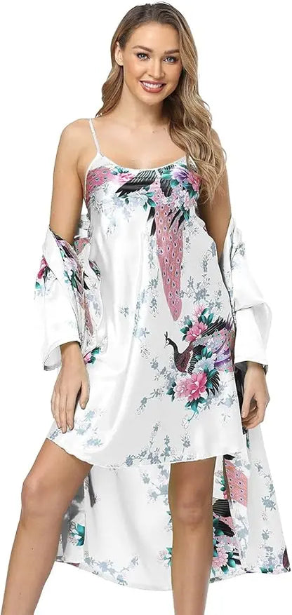 Floral Satin Kimono Robe and Nightgown Bathrobe Set