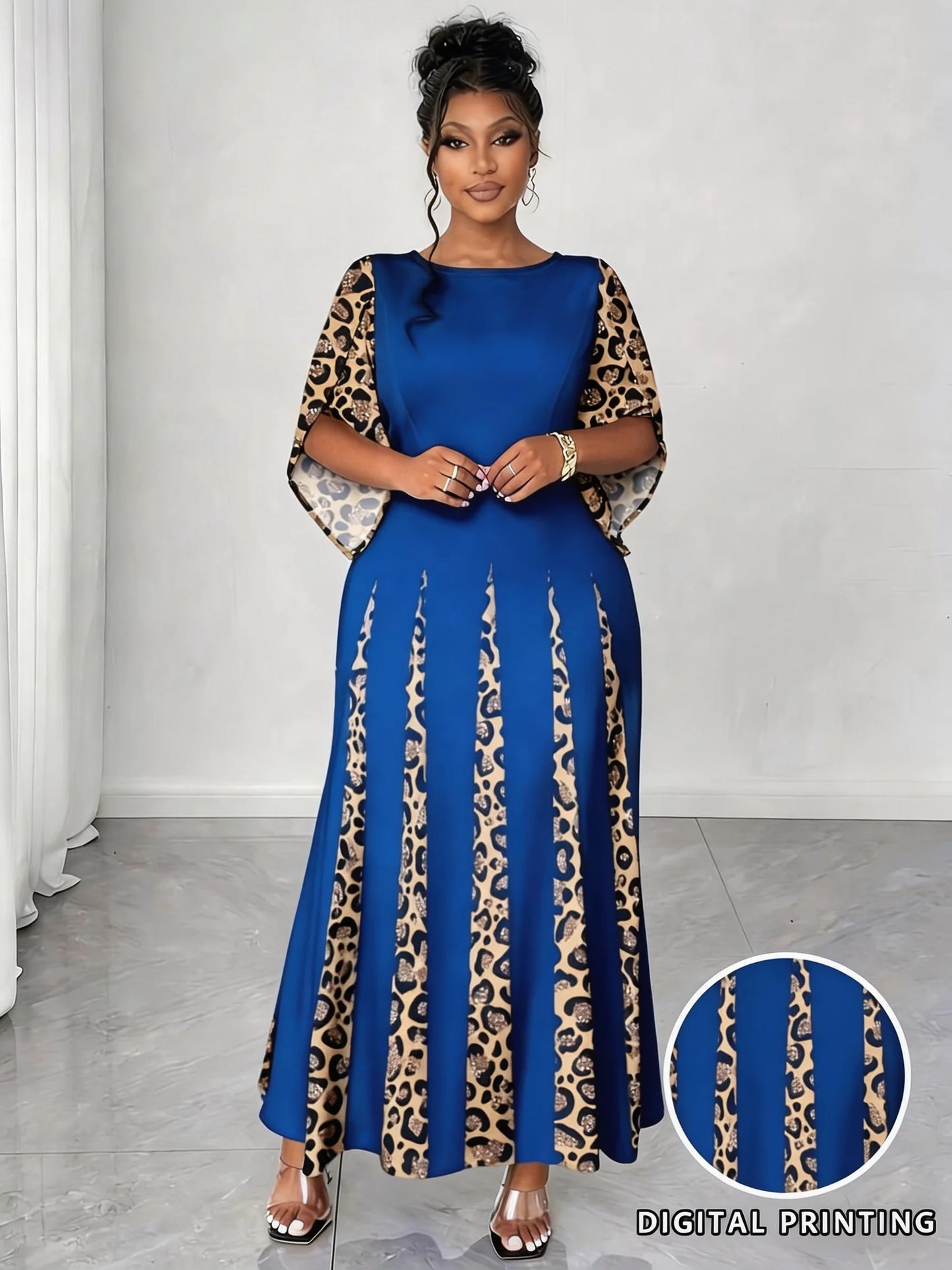 Elegant Leopard Maxi Long Sleeve Gown Dress