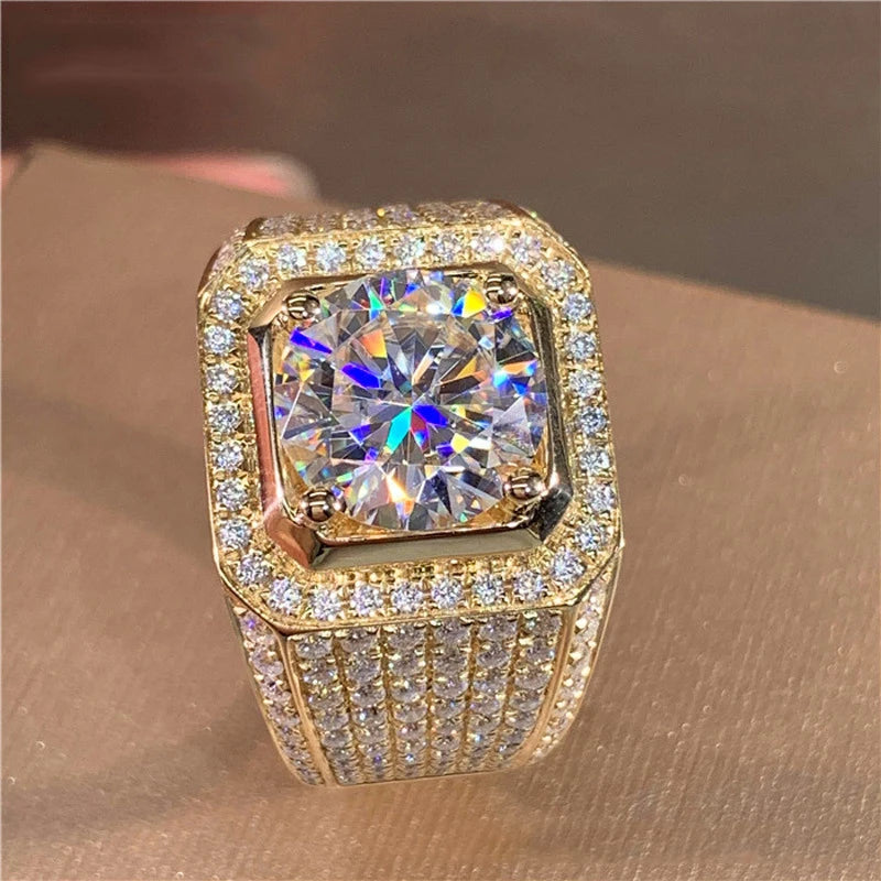 Shining White Zircon Round Stone Vintage Gold Ring Male