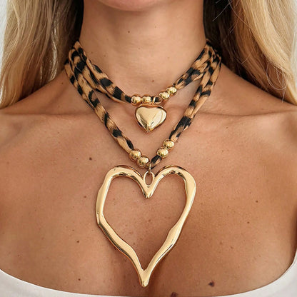 Layered Leopard Print Heart Choker Necklace Set