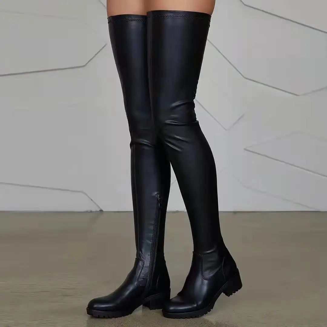 European Platform Zipper High Heels Leather Long Boots