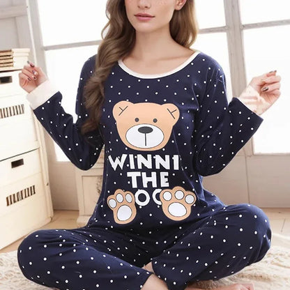 Long Sleeved Cartoon Bear Casual Wear Sleepwear Set