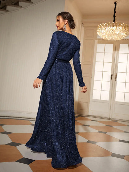 Mgiacy Wrap Belted Maxi Glitter Dress