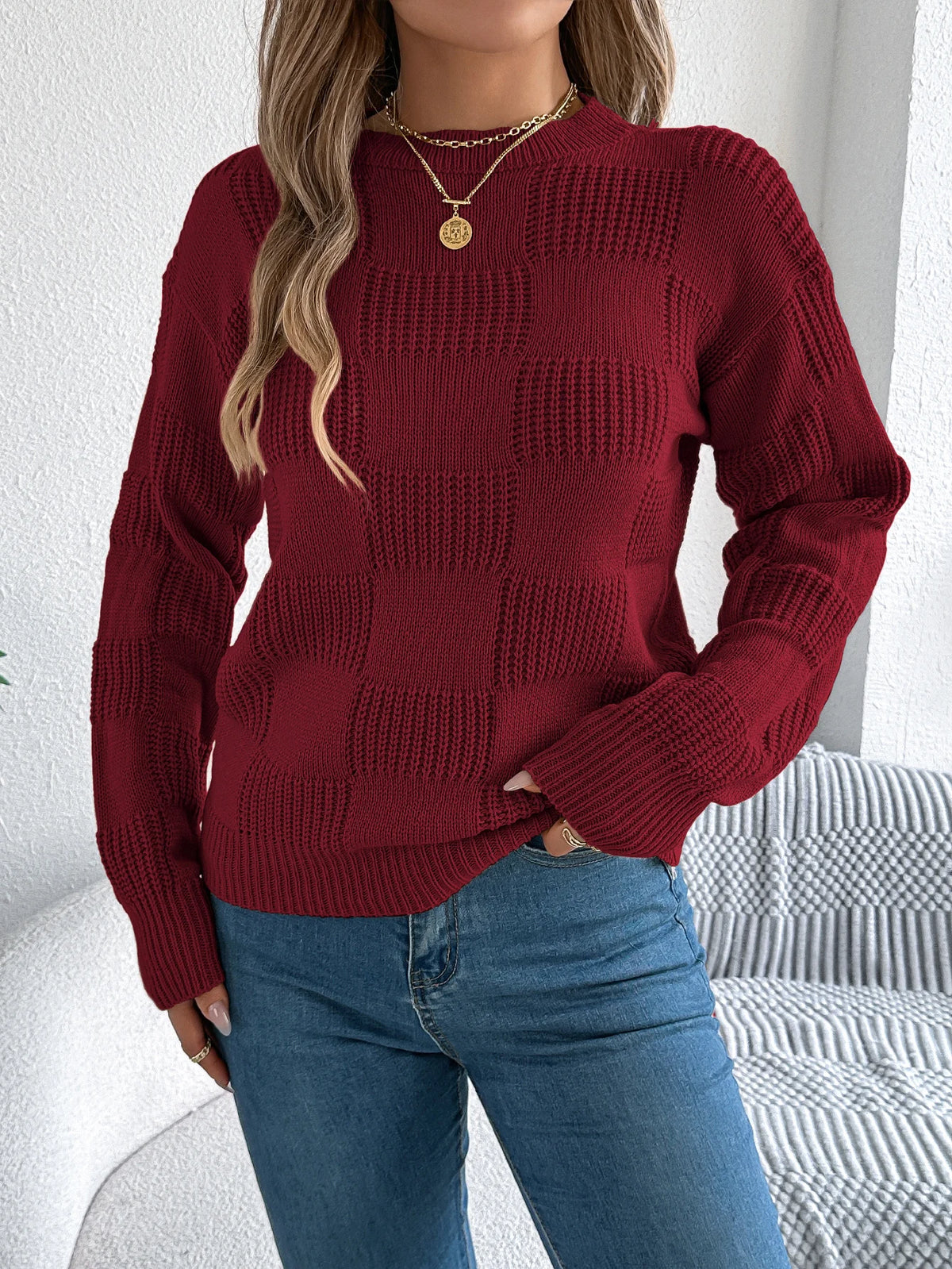 Solid Plaid Round Neck Long Sleeve Knit Cozy Sweaters