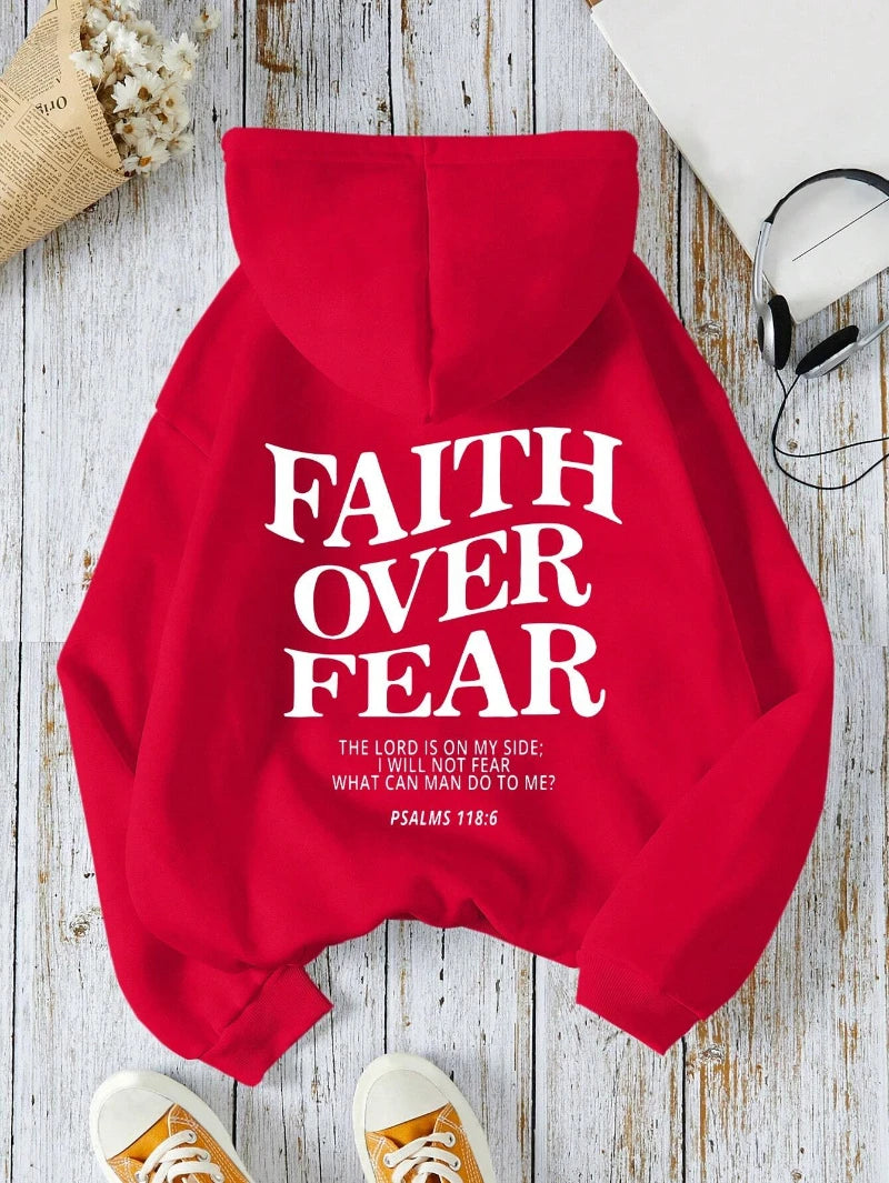 Casual Hoodies Faith Over Fear Letter Printing Sweatshirts Pocket Pullovers