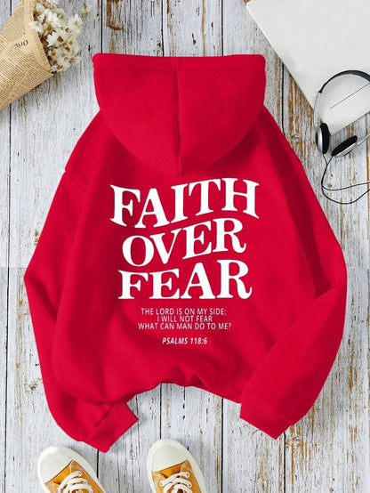Casual Hoodies Faith Over Fear Letter Printing Sweatshirts Pocket Pullovers