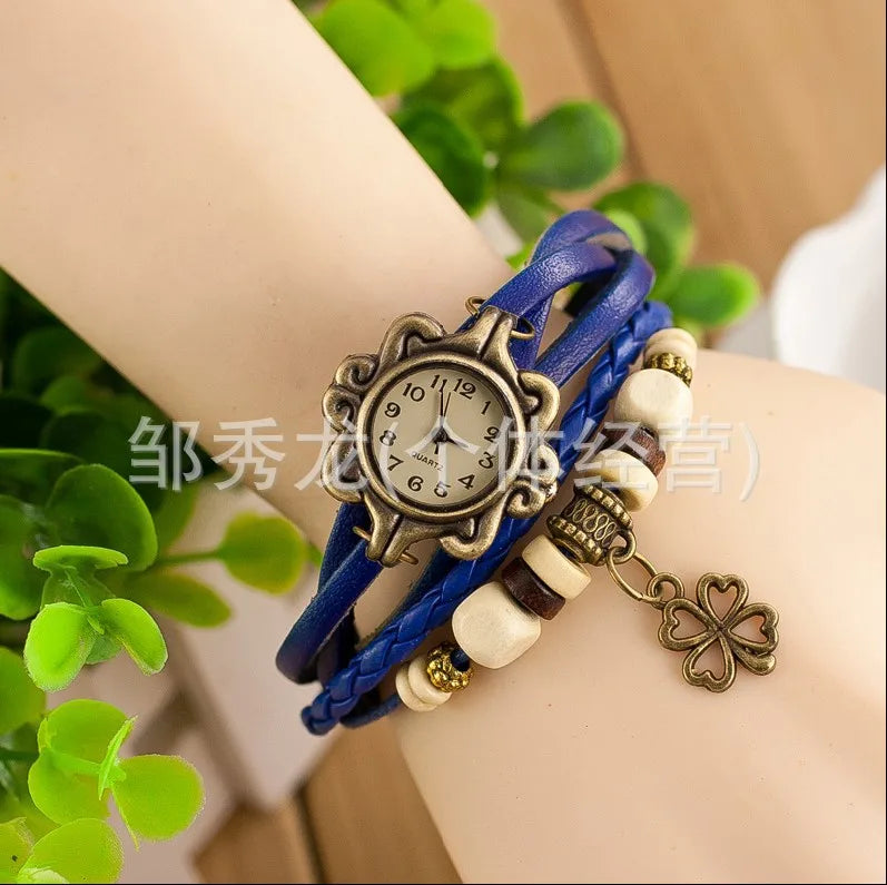 Vintage Leather Bracelet Butterfly Clover Pendant Quartz Watch