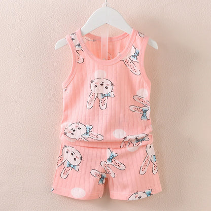 Cartoon Thin Style Sleeveless Baby Pajamas Set