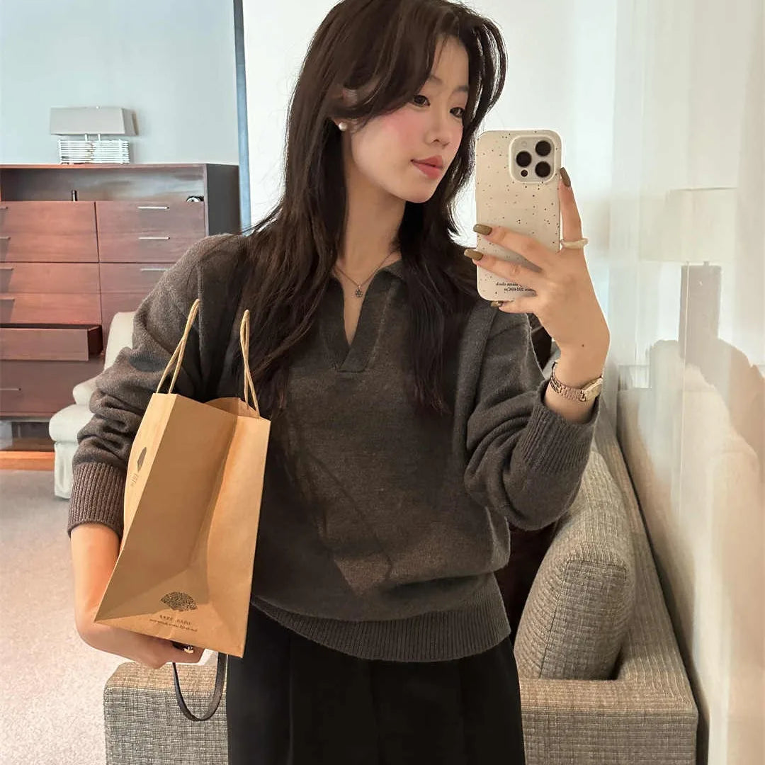 Knitted Long Sleeve Turn Down Collar Knit Sweater Pullover