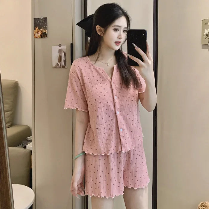Japanese-Style Knitted Cotton Short-Sleeved Cardigan Thin Sleepwear Pajamas