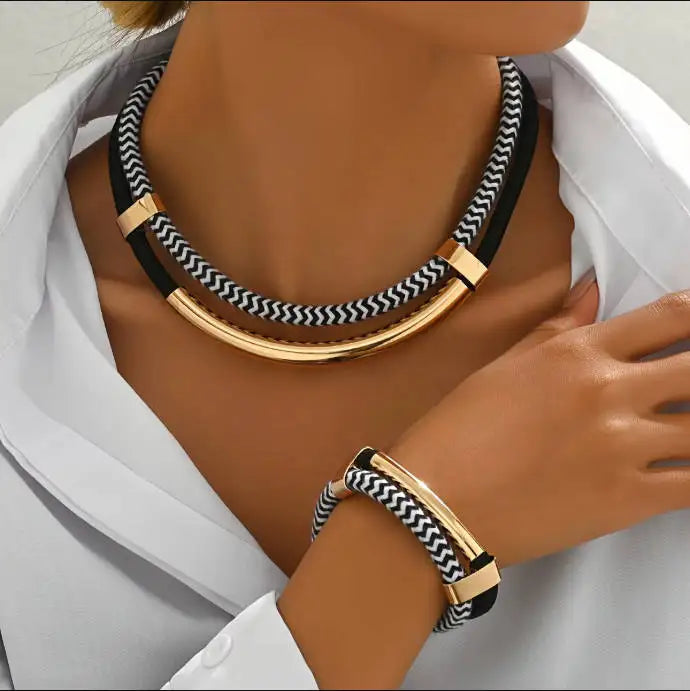 Double Line Metal Tube Exaggerated Necklace Set