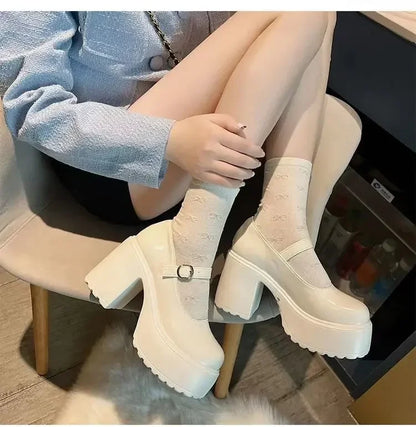 High Heels Mary Janes Leather Chunky Shoes