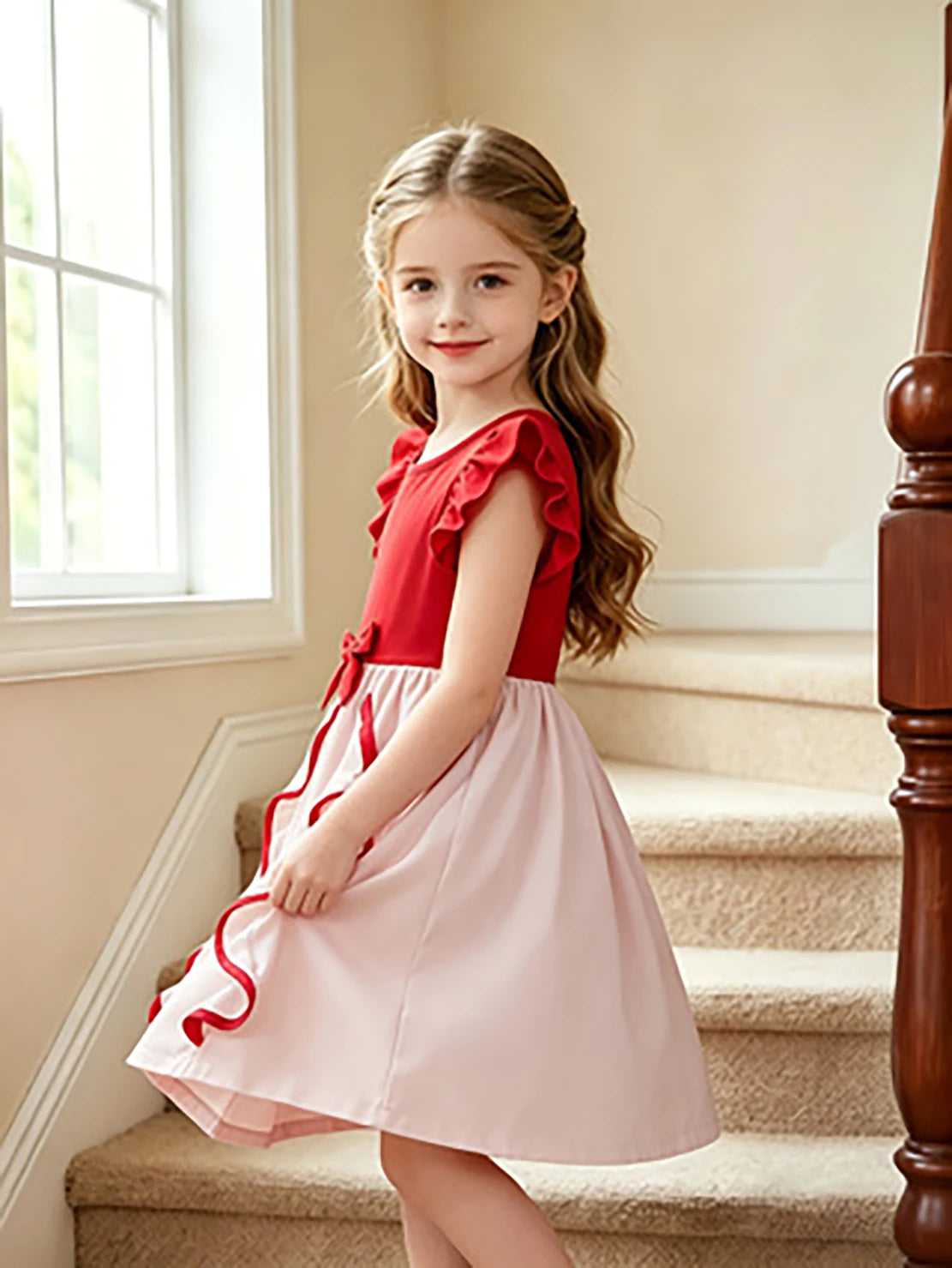 Girls Red and White Color Block Princess Flutter Sleeve Bow Tutu Dress